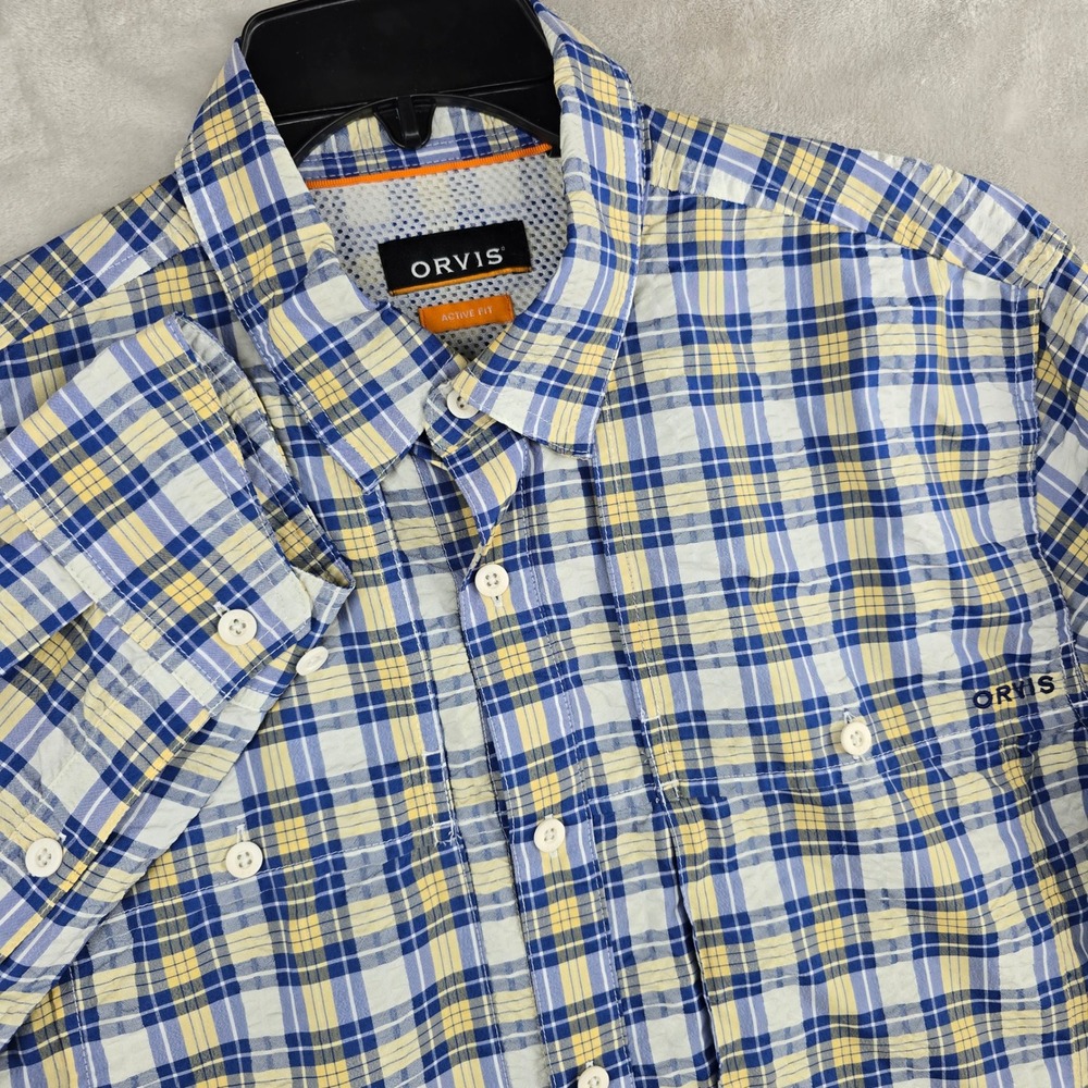 Orvis Active Fit Plaid Button Down Shirt Mens‎ Medium Blue Yellow